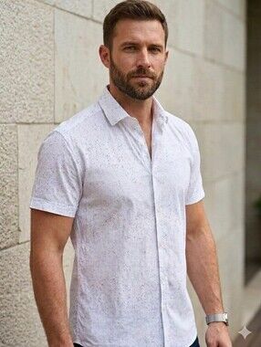 White Short-Sleeve Button-Up Shirt with Black Speck Print